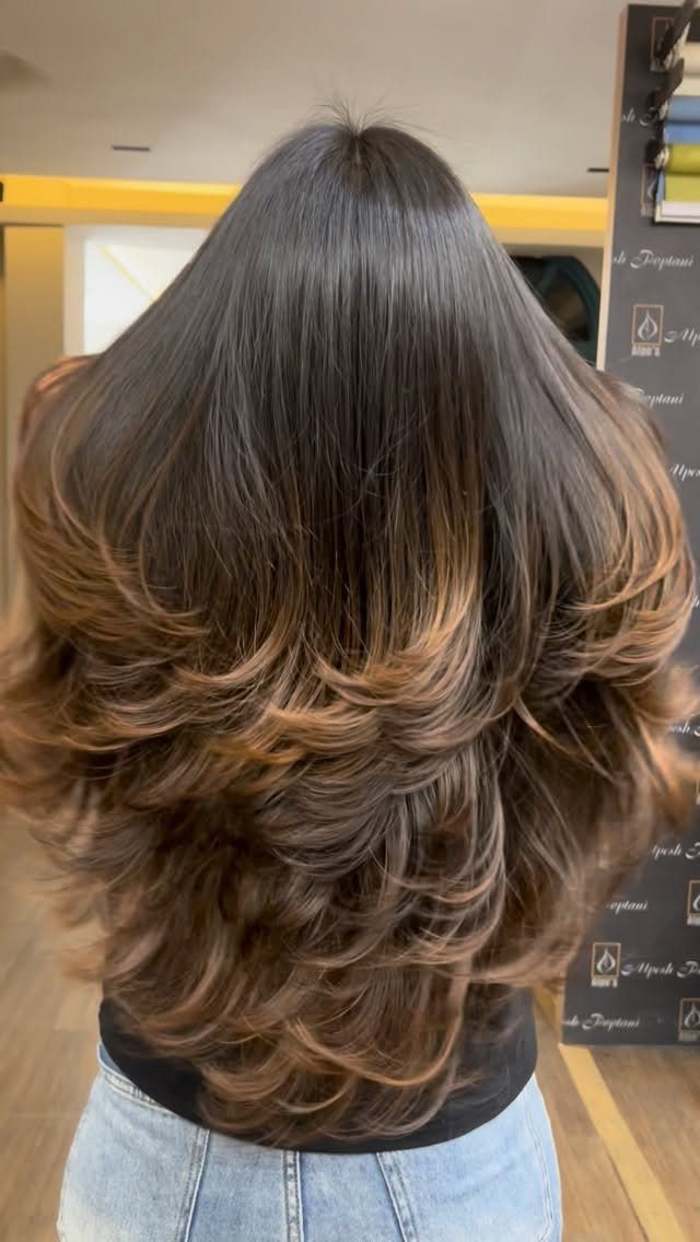 Long dark brown hair styled in voluminous, feathered butterfly layers