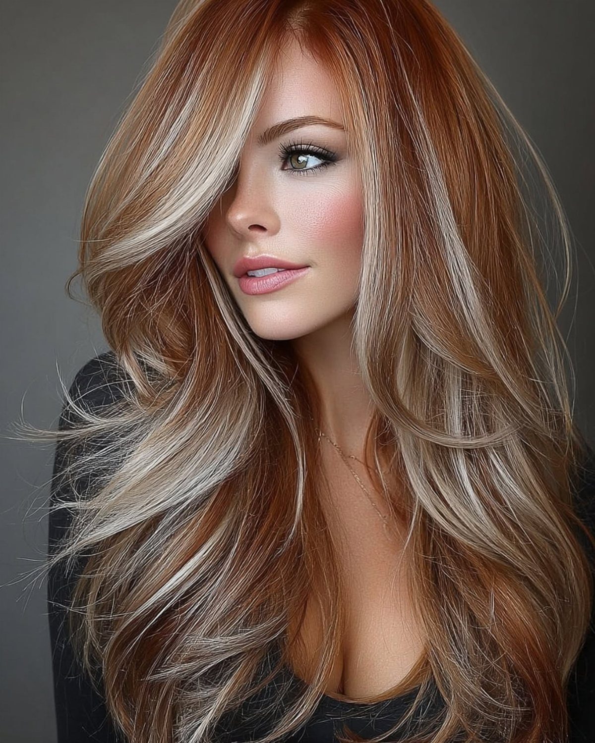 Woman with long, dimensional brown and blonde balayage waves