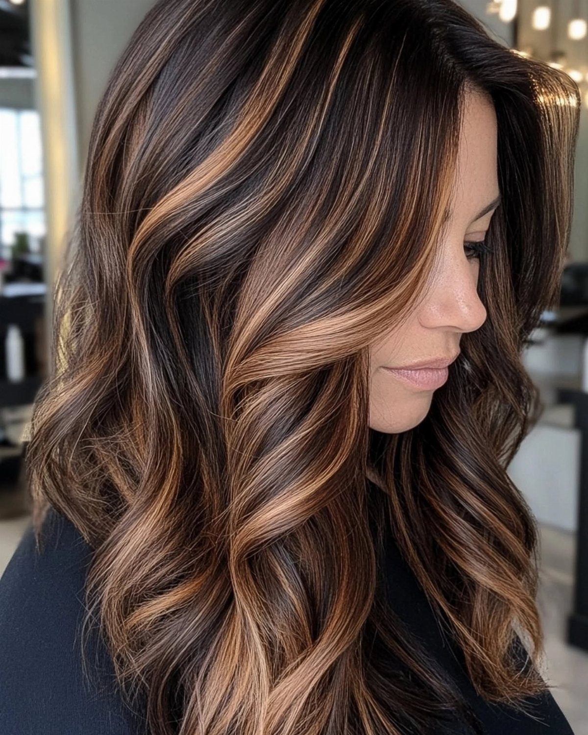 Long dark brown waves with dimensional caramel highlights frame a woman's face