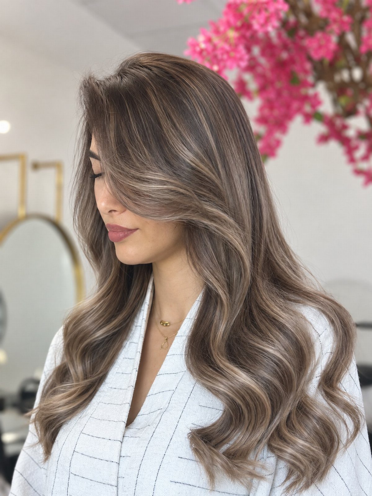 Woman with long wavy brown hair and lighter caramel ribbons