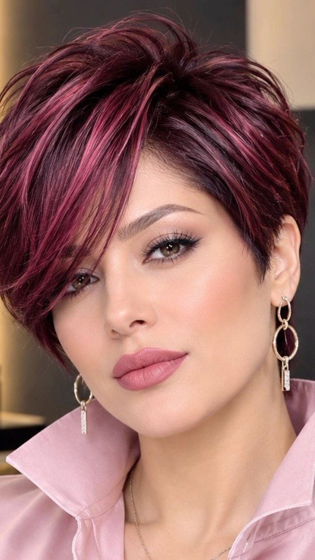 Woman with a textured burgundy pixie cut swept across her forehead