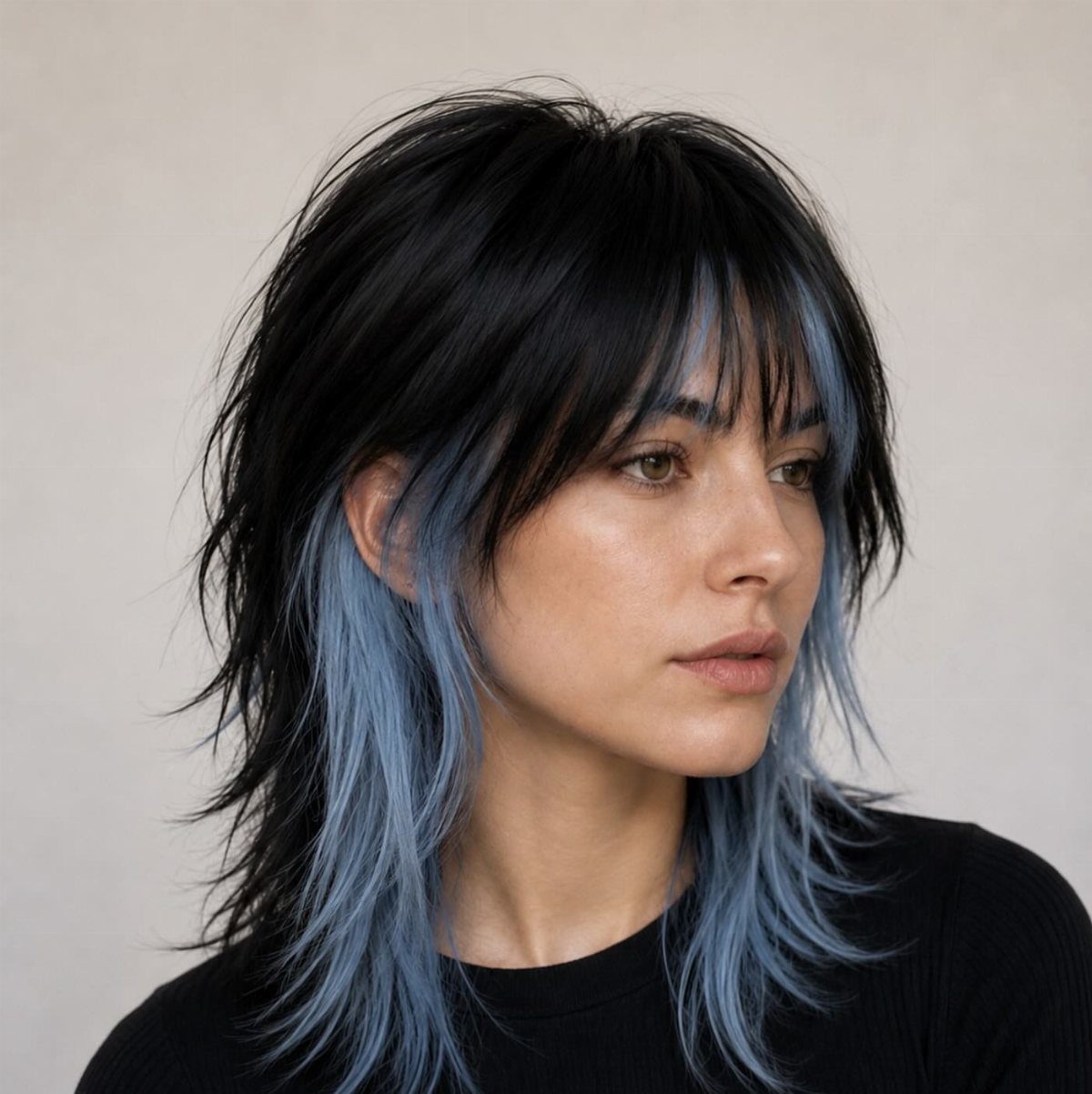 Woman with a layered black wolf cut, wispy bangs, and blue-gray sections