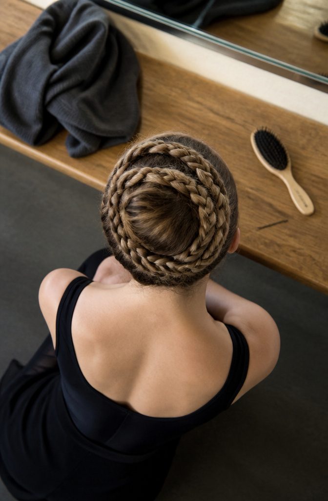 Dancer with two pinned braids crossing over the crown