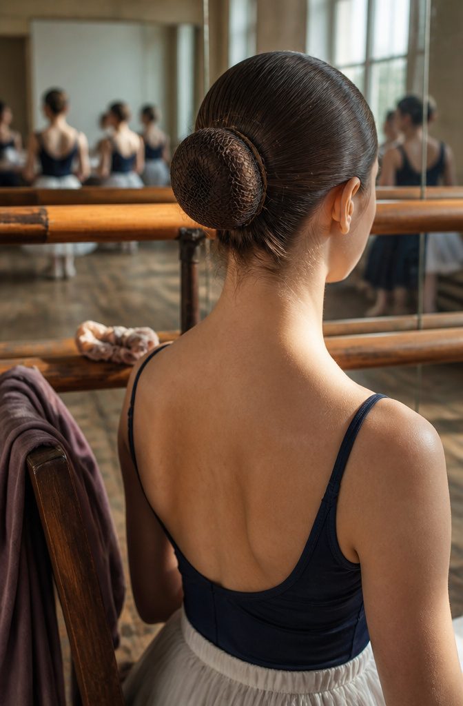 Dancer wearing a small flat bun at the back of her head