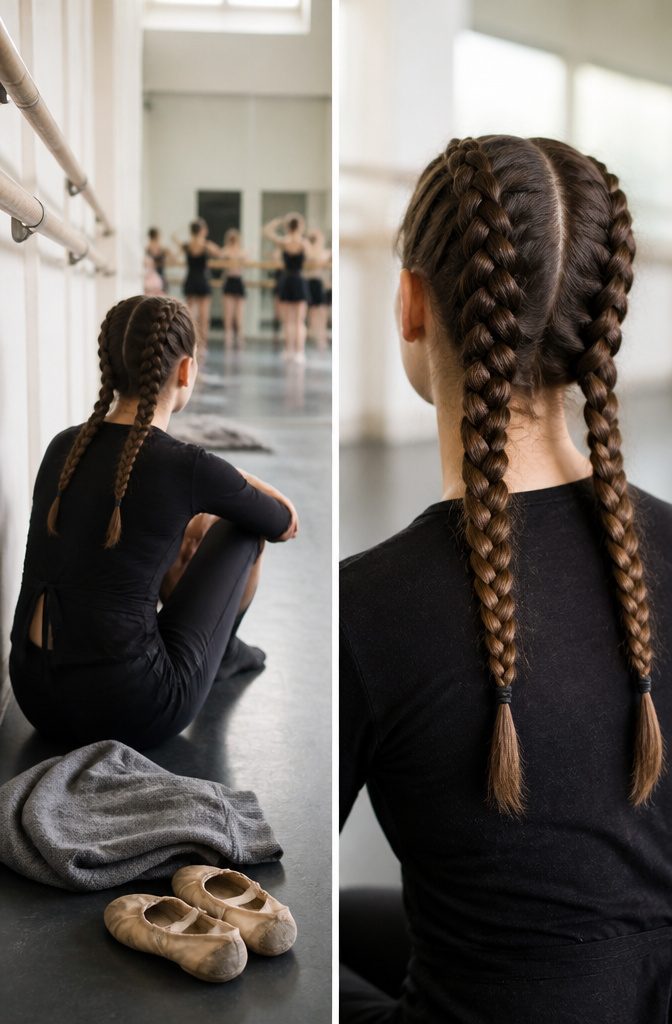 Dancer wearing two plaits, one on each side of her head