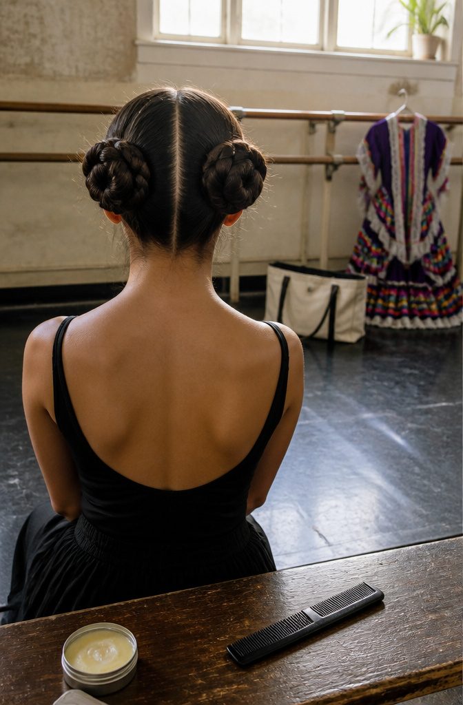 Dancer seen from behind with two buns and a clean center part