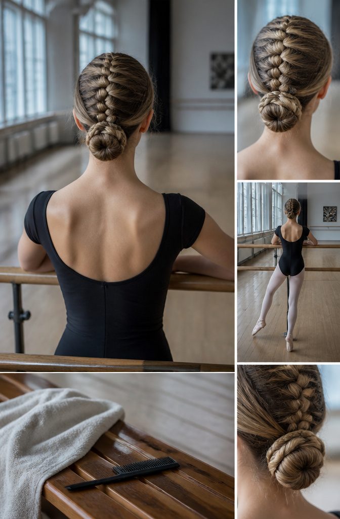 Dancer with a center Dutch braid ending in a low bun