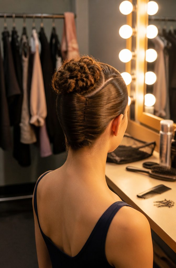 Dancer with side-parted hair swept into a flat roll and small top bun