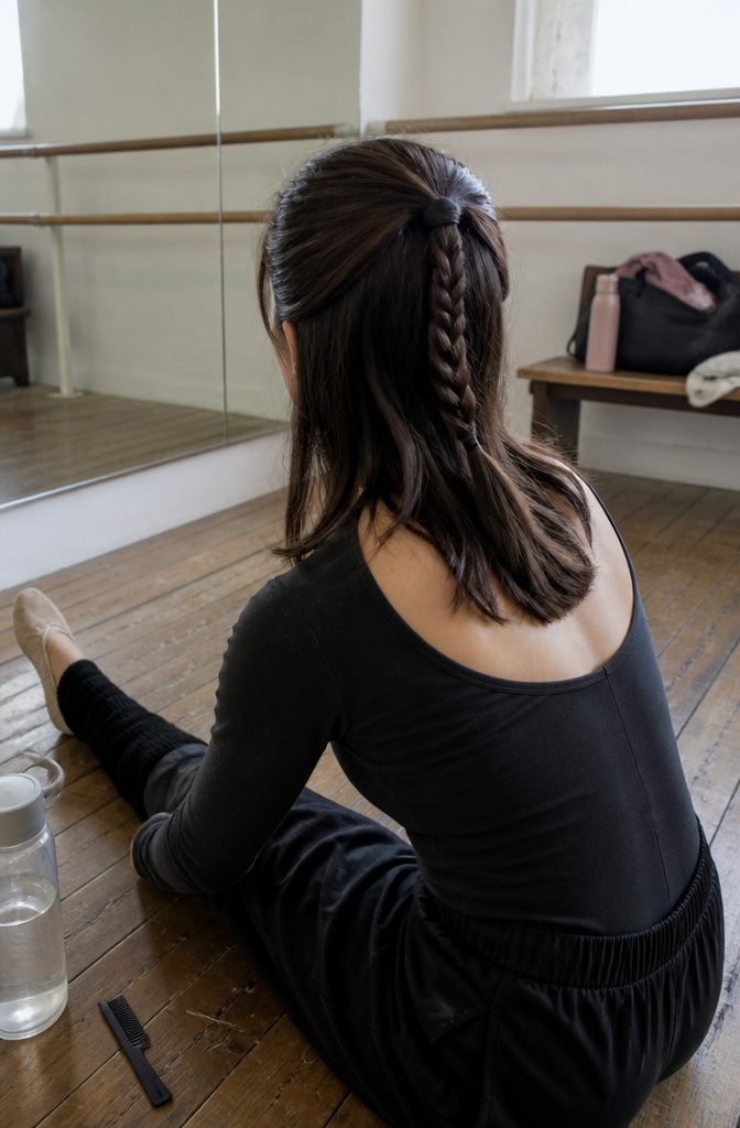 Dancer with a half-up braid and loose short layered hair