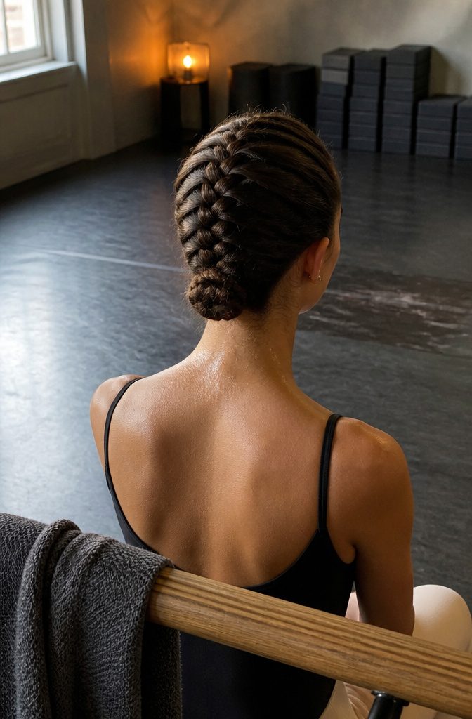 Dancer with an inside-out braid pinned into a compact nape bun