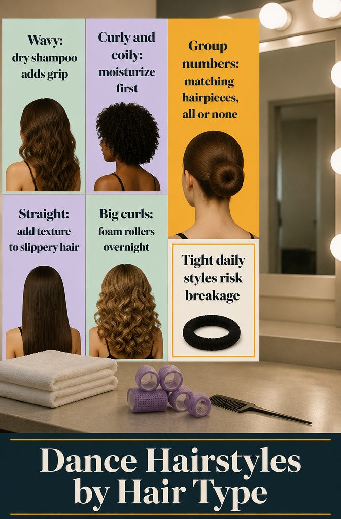 Hair type guide listing wavy, curly, coily and straight hair with dance styles