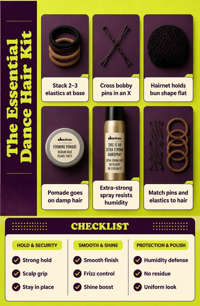 Dance hair kit with elastics, bobby pins, hairnet, pomade and hairspray