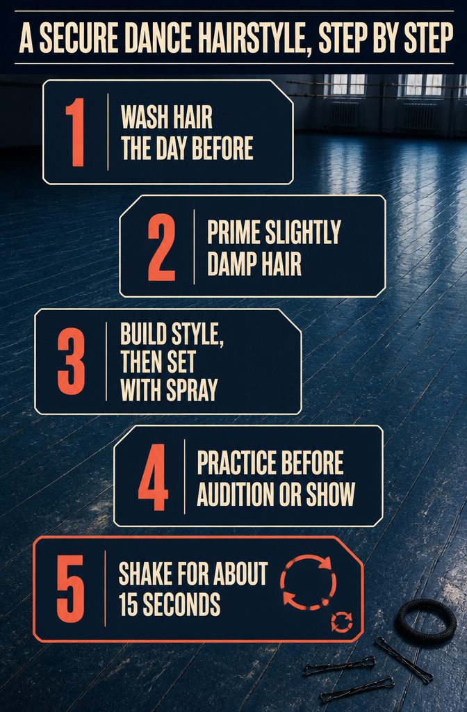 Dance hairstyle guide with five numbered steps and a 15-second shake test