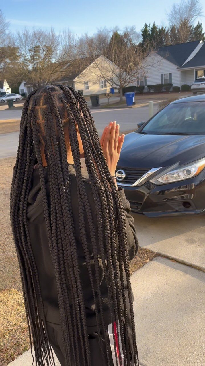 Long dark braids fall down a person's back beside parked cars