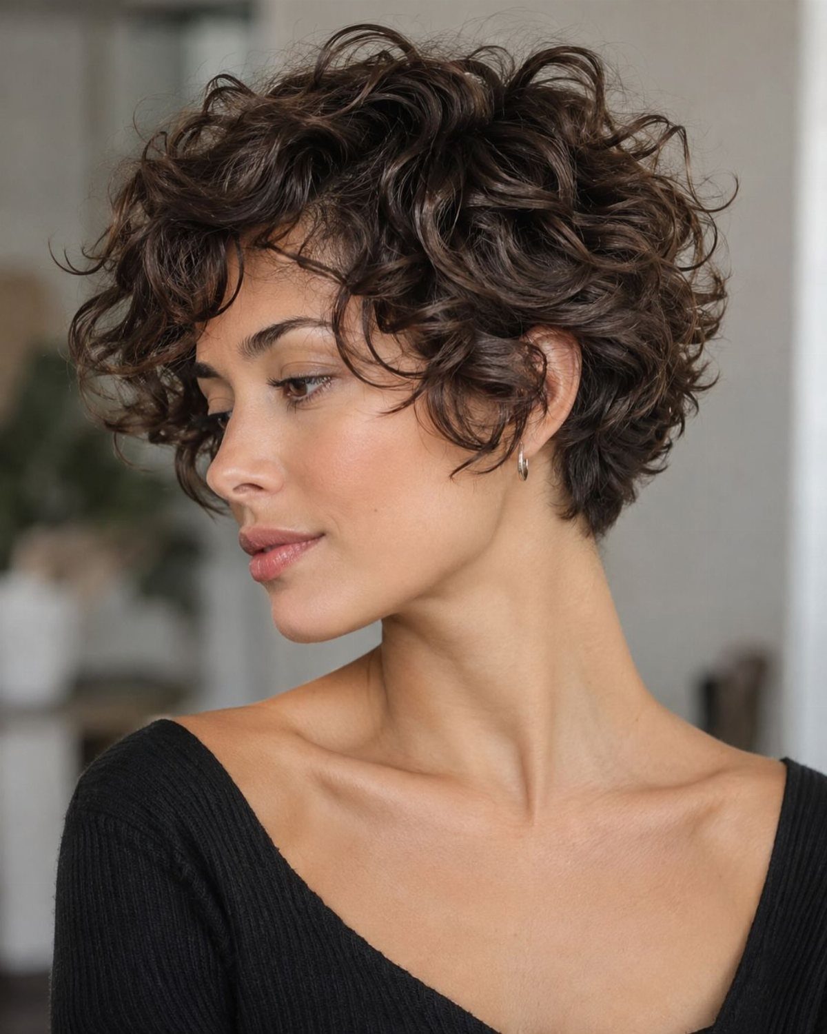 Woman showing a short, voluminous curly brown bixie with tapered sides