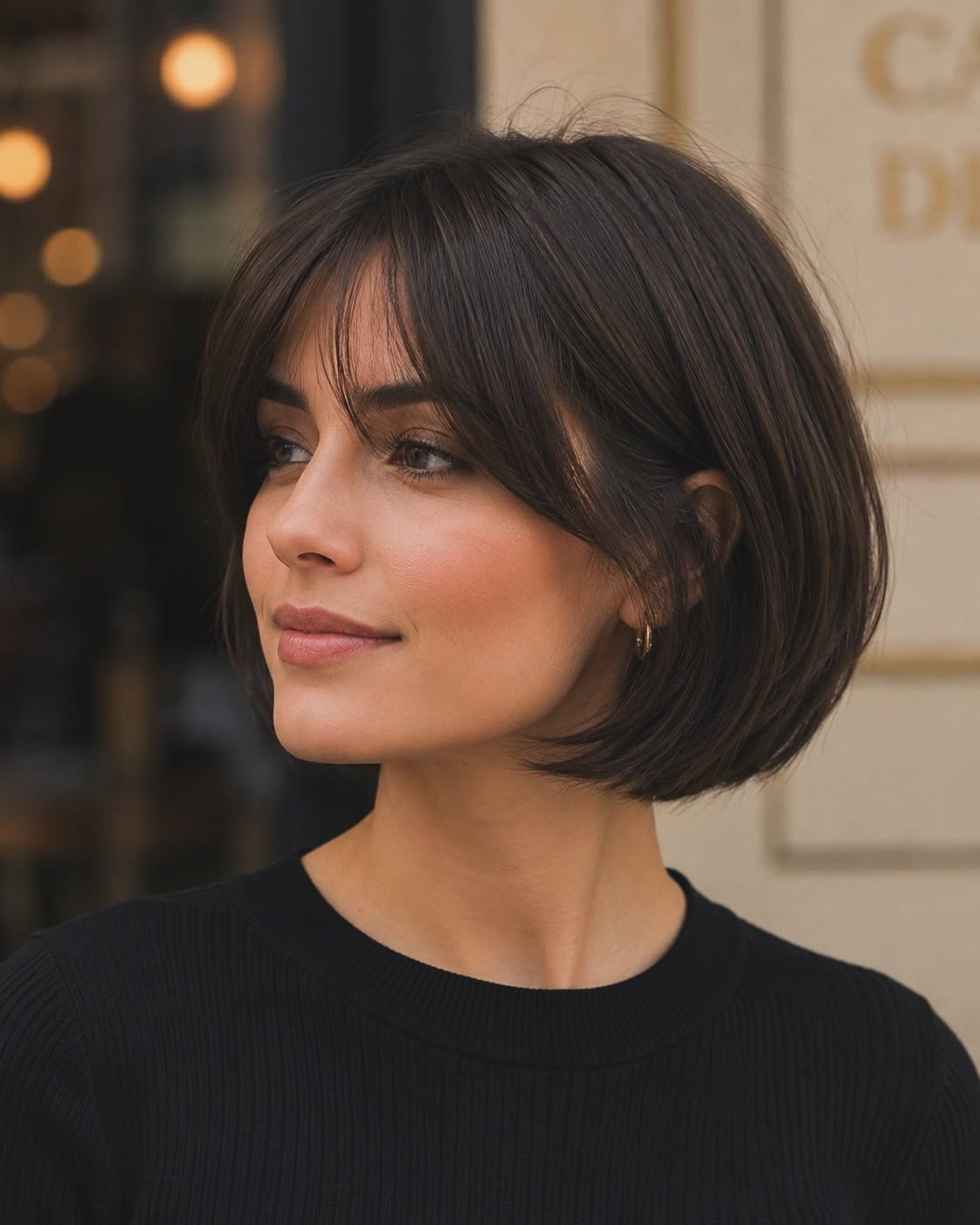 Woman showing a dark blunt chin-length bob with wispy bangs