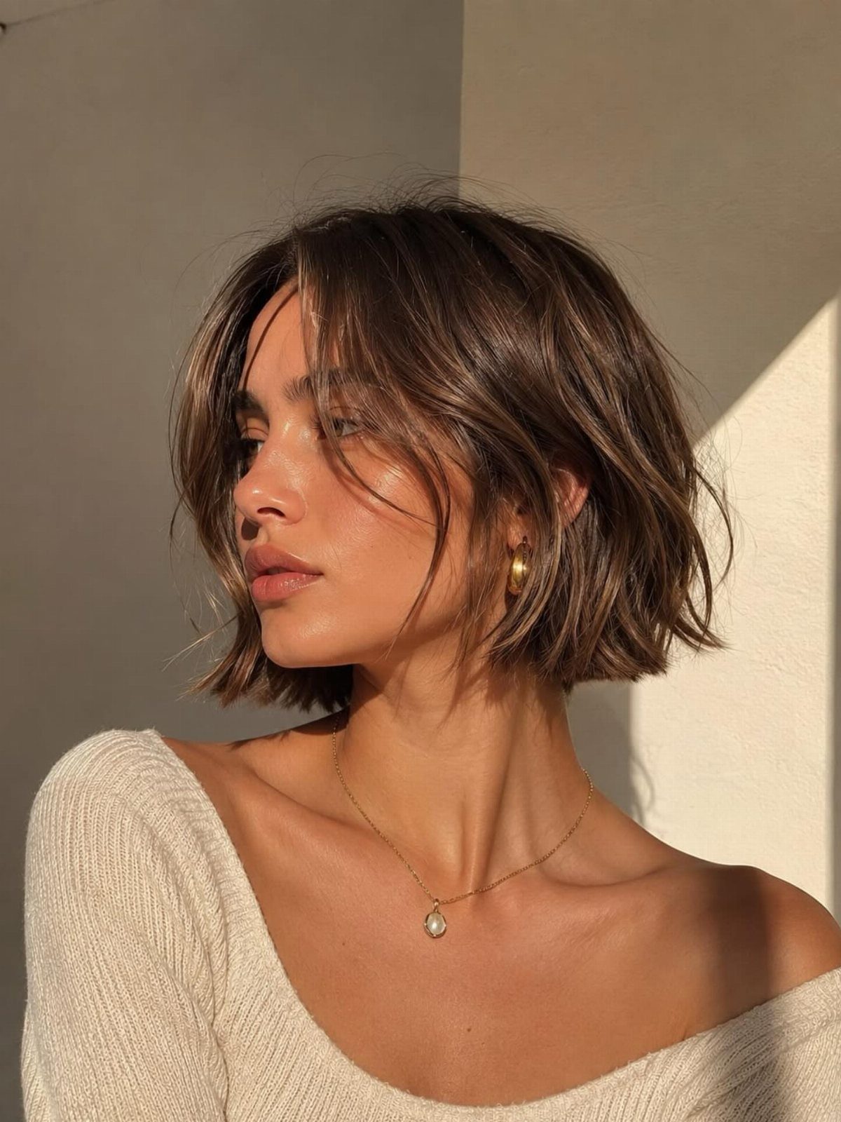 Woman with a tousled brown bob and long curtain bangs framing her face