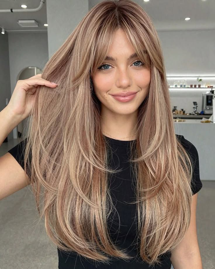 Woman with long blonde curtain bangs and layered hair in a bright salon
