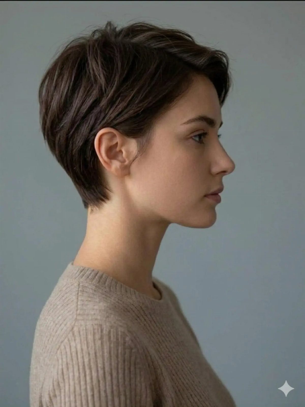 Short layered pixie cut seen in profile against a plain gray background