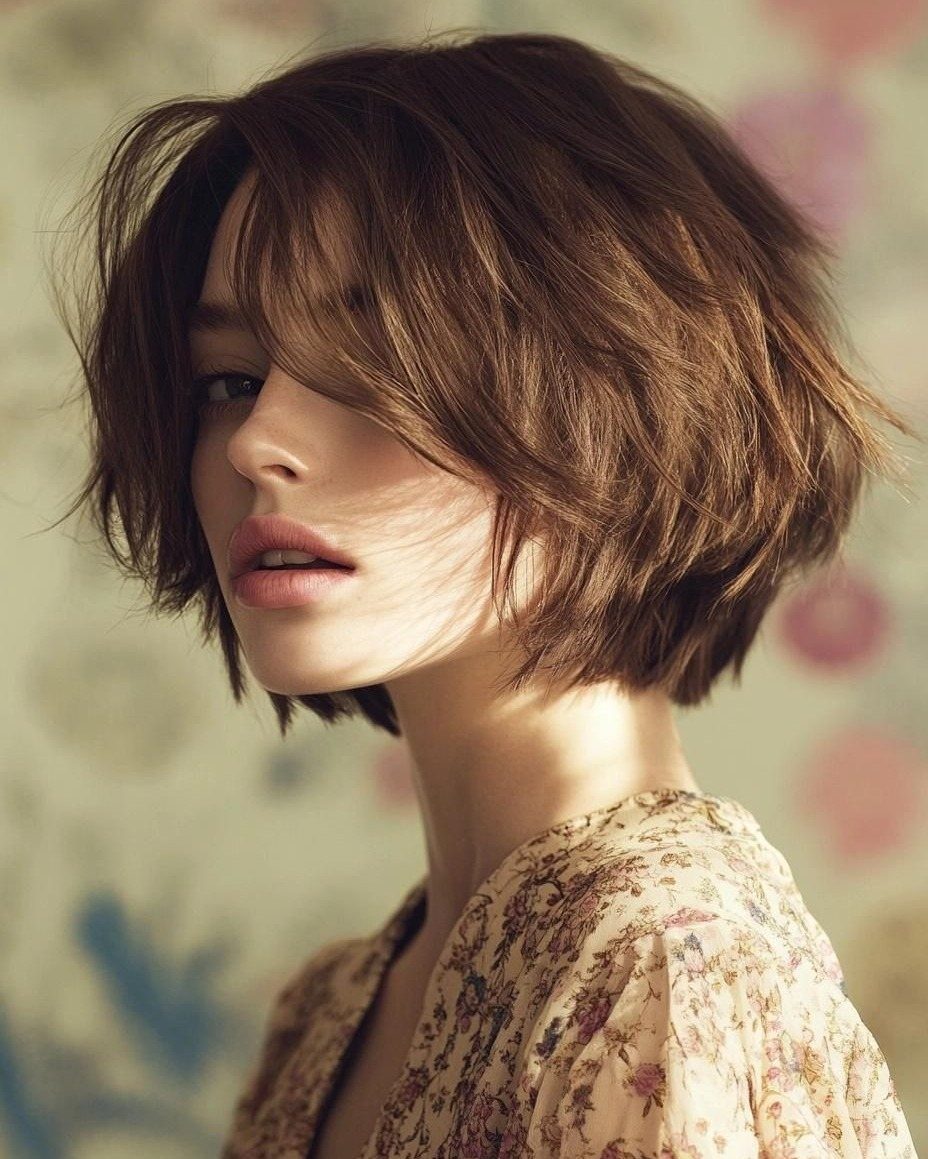 Woman with a tousled, layered brown bob and side-swept fringe