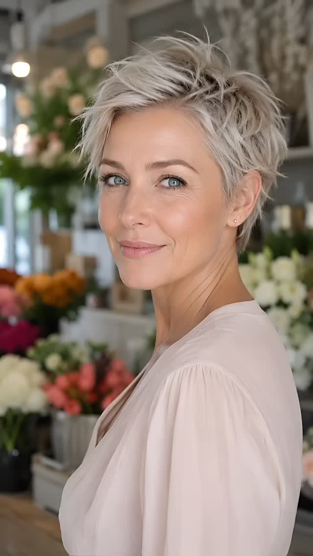 Woman showing a softly styled blonde pixie cut with tousled layers