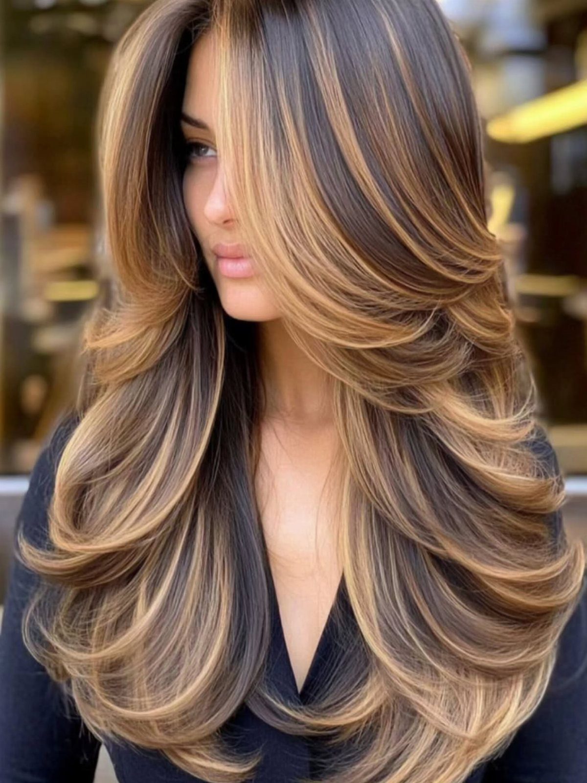 Woman with long layered brown hair and caramel highlights curled at the ends