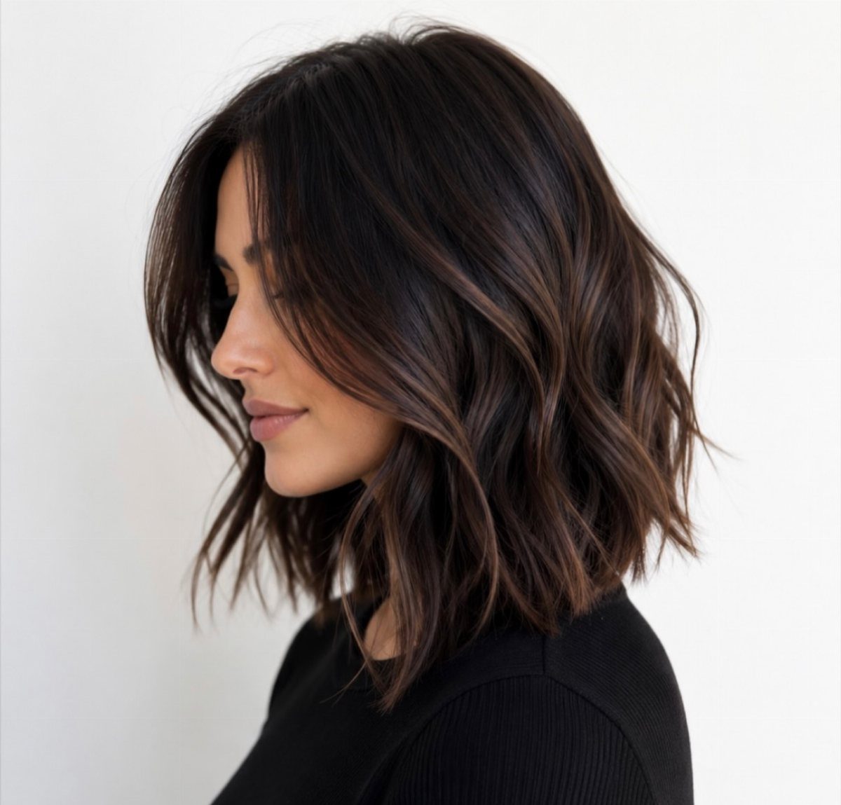 Woman with a dark wavy shoulder-length lob and softly textured ends