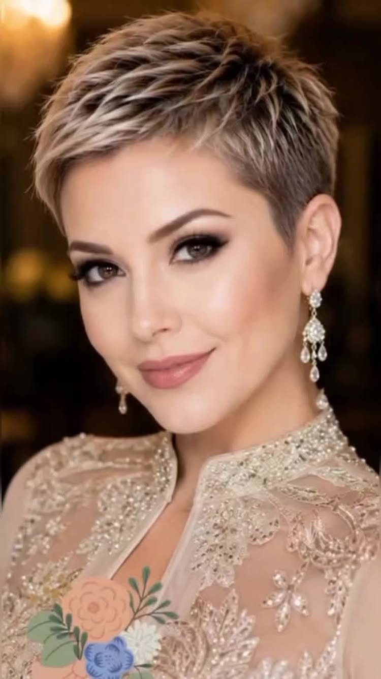 Woman with a short, textured pixie cut and swept layered hair