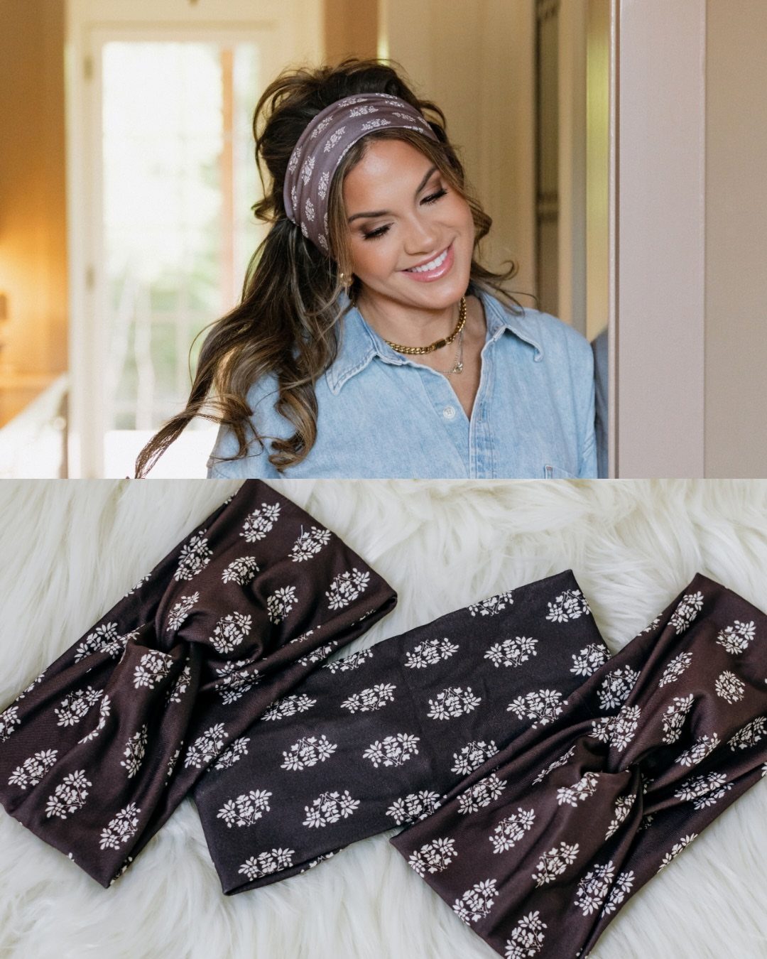 Woman wears a patterned headband over long, wavy brown half-up hair