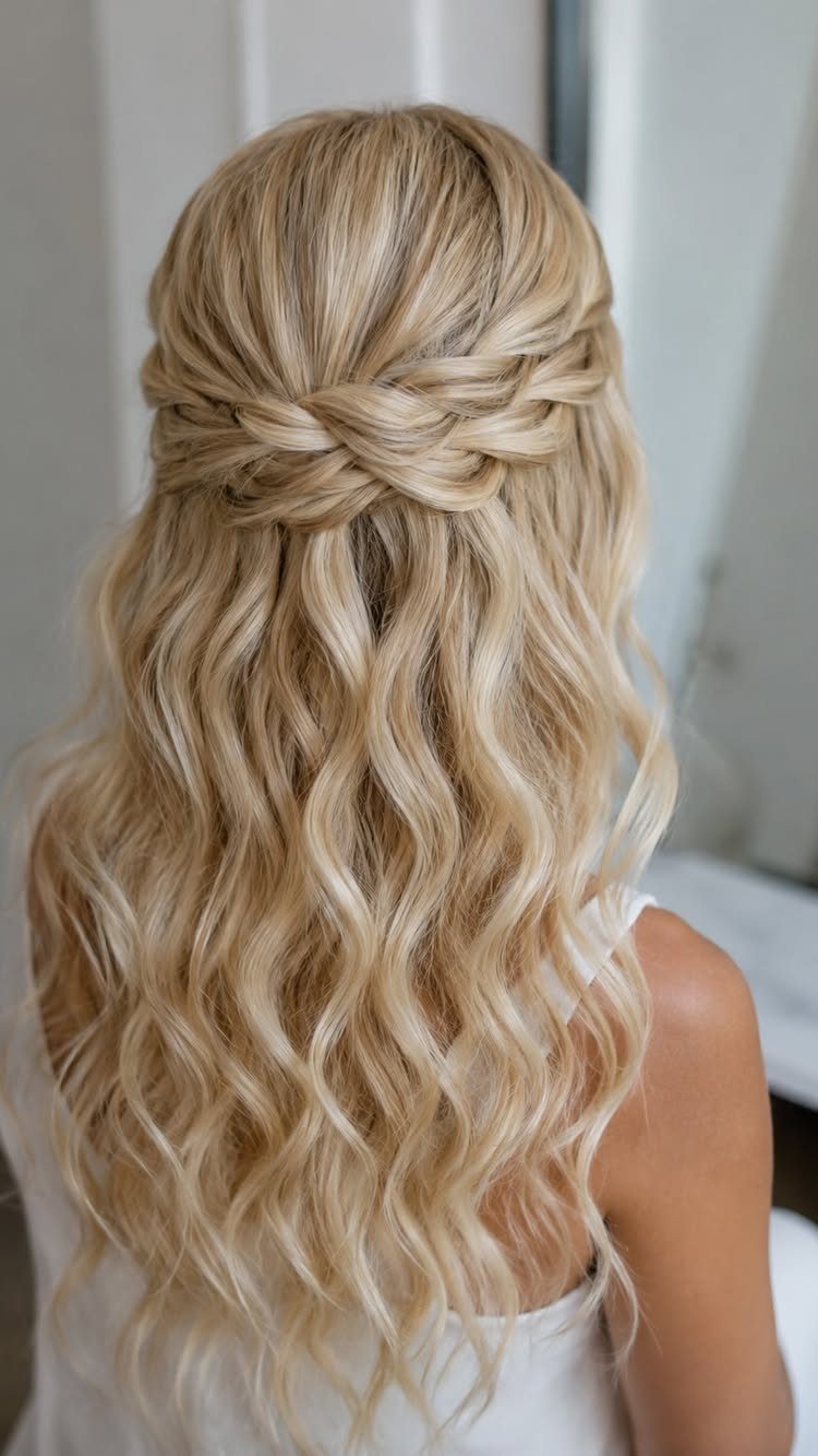 Blonde twisted crown hairstyle with long loose waves cascading down the back