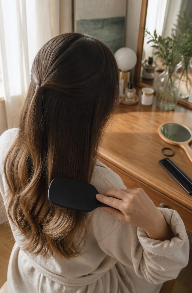 Person brushing hair from the ends upward beside a natural part