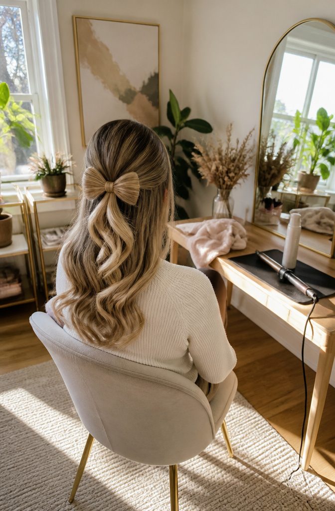 Half-up hair bow above loose lengths curled at the ends