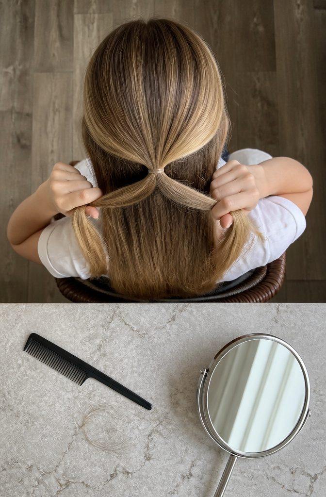 Hands dividing a gathered section of hair into two halves