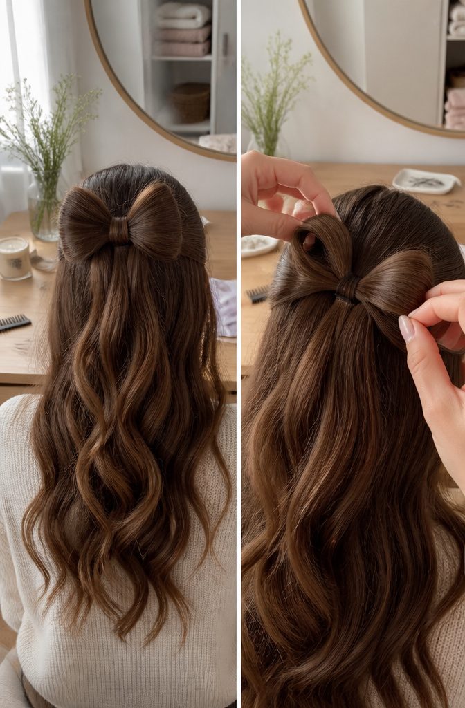 Two hair sections shaped into matching loops at the back of the head