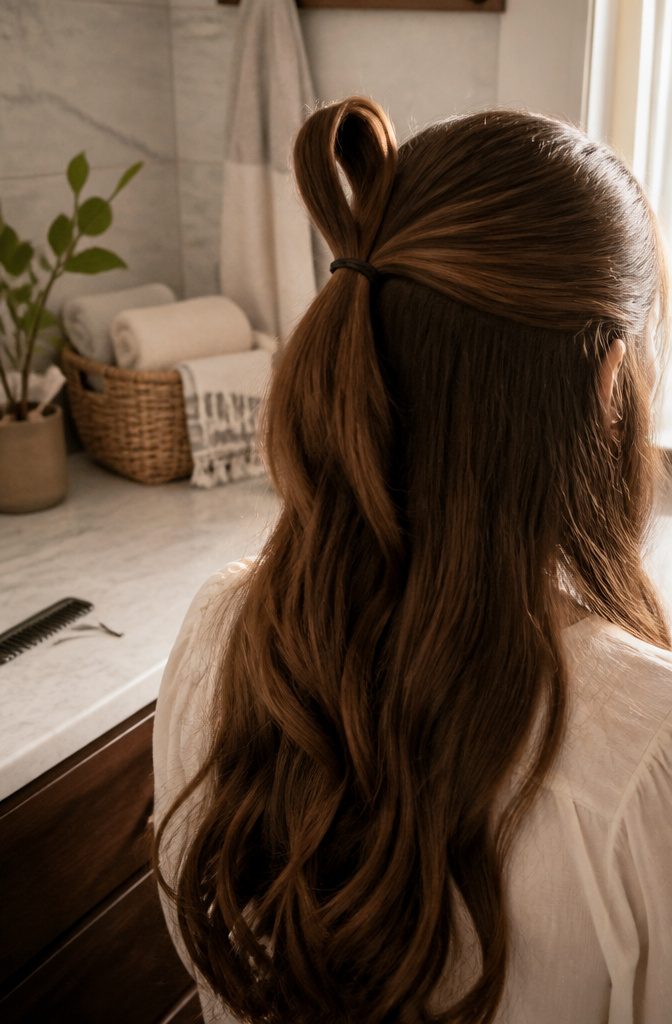 Right hair section folded into an upright loop above the elastic