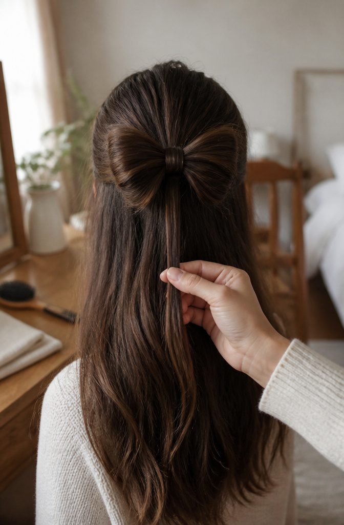 Hand lifting a small section of loose hair beneath two bow loops