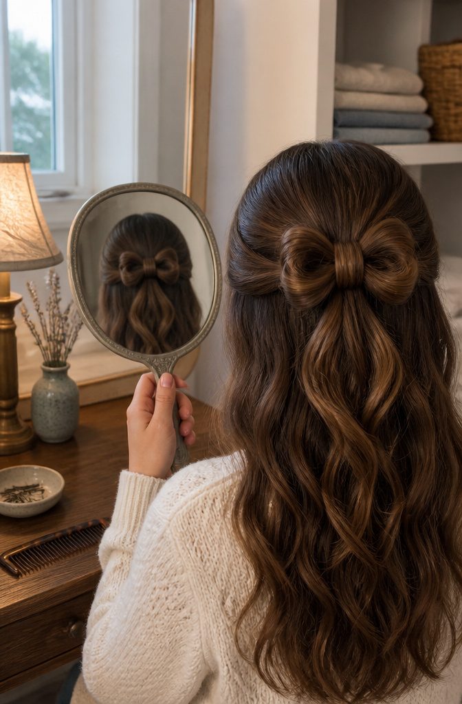 Back of head with two pins securing the strand over a hair bow center