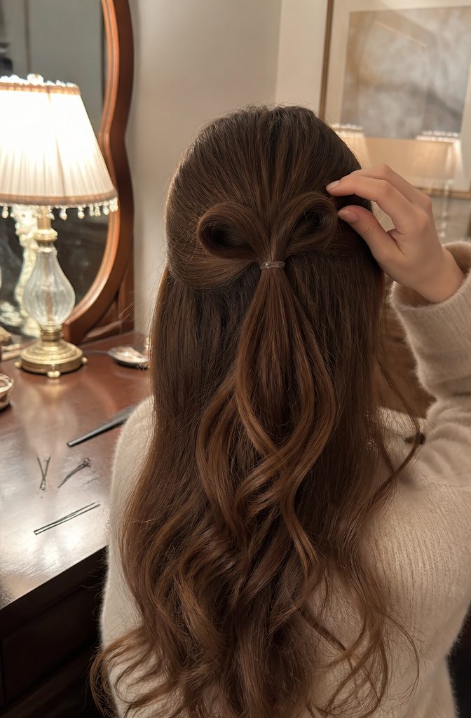 Hair loop held open by hidden bobby pins at its top bottom and sides