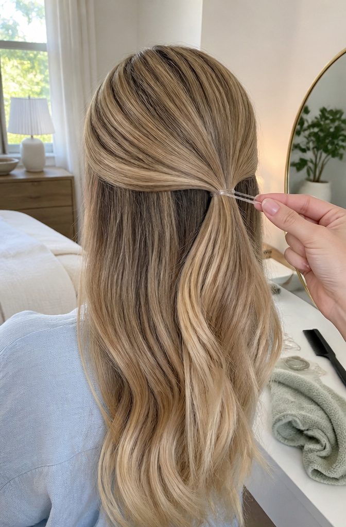 Back of head with a low half-up ponytail secured by a clear elastic