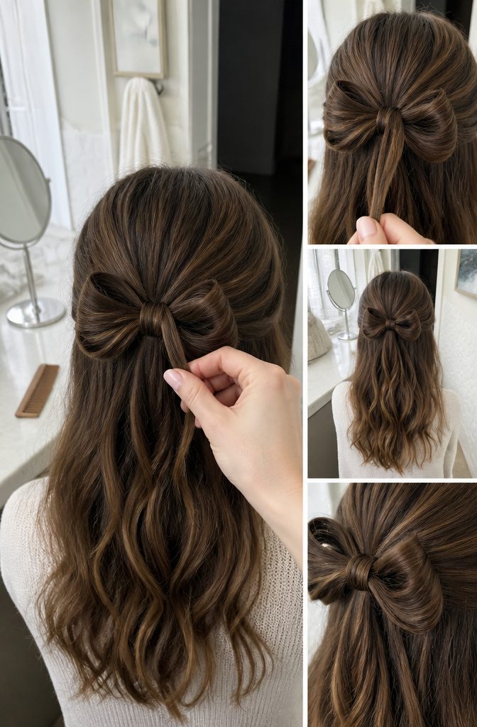 Small hair section wrapped across the center and tucked through a bow loop