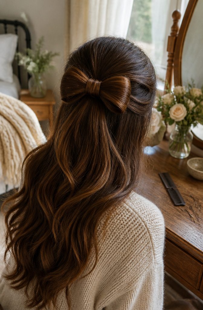 Half-up hair bow with the lower lengths left loose