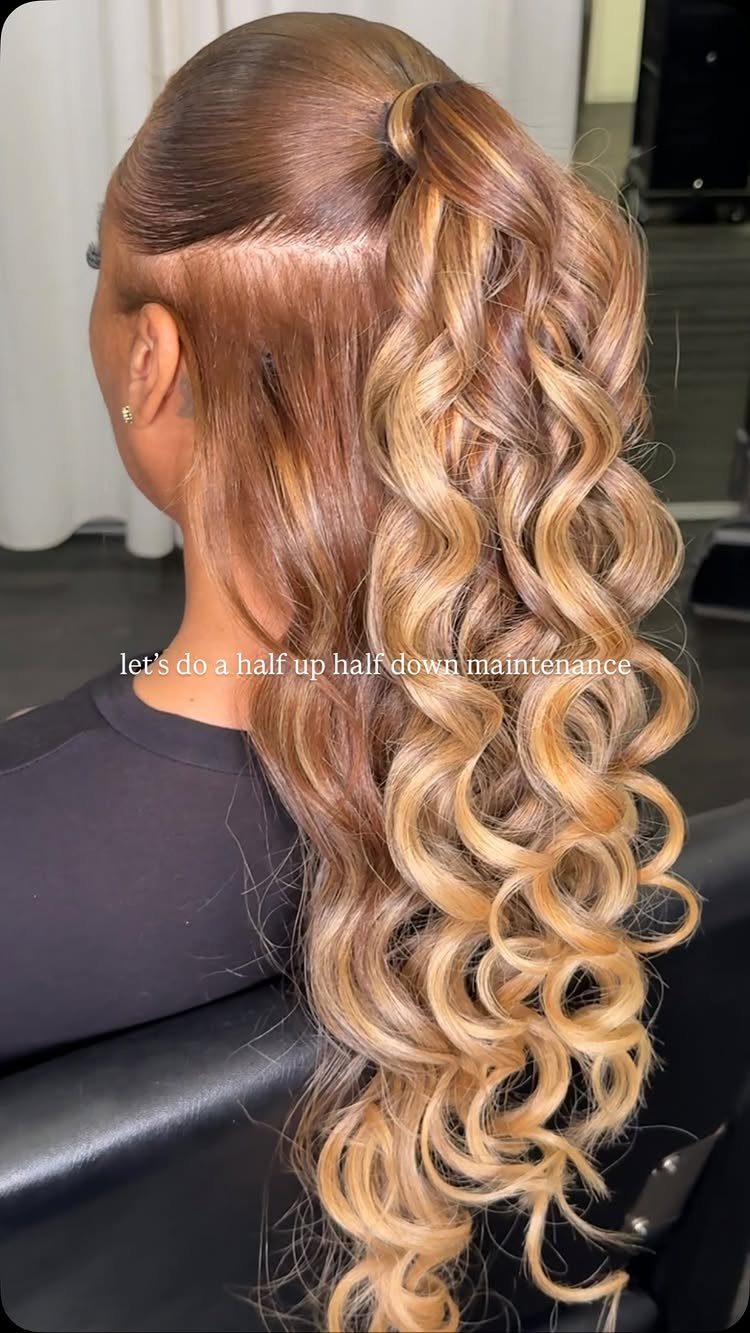 Very long blonde half-up hair with a crown section and cascading curls