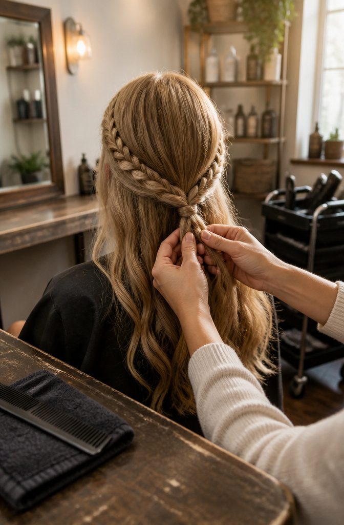 Two braids crossed together at the back of the head