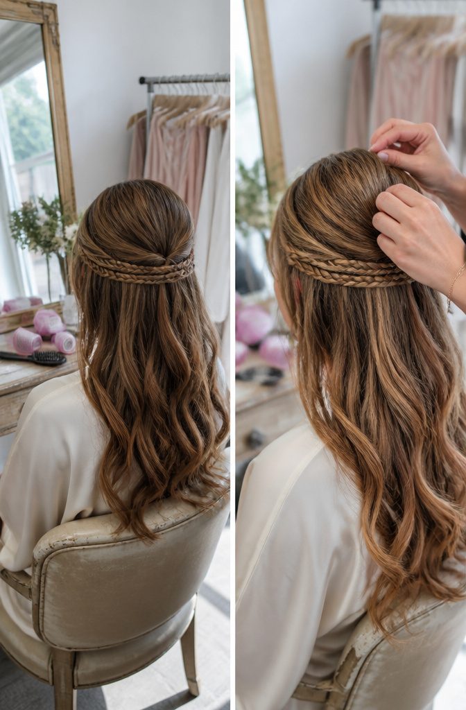 Braided half-up hairstyle with lifted crown and loose hair