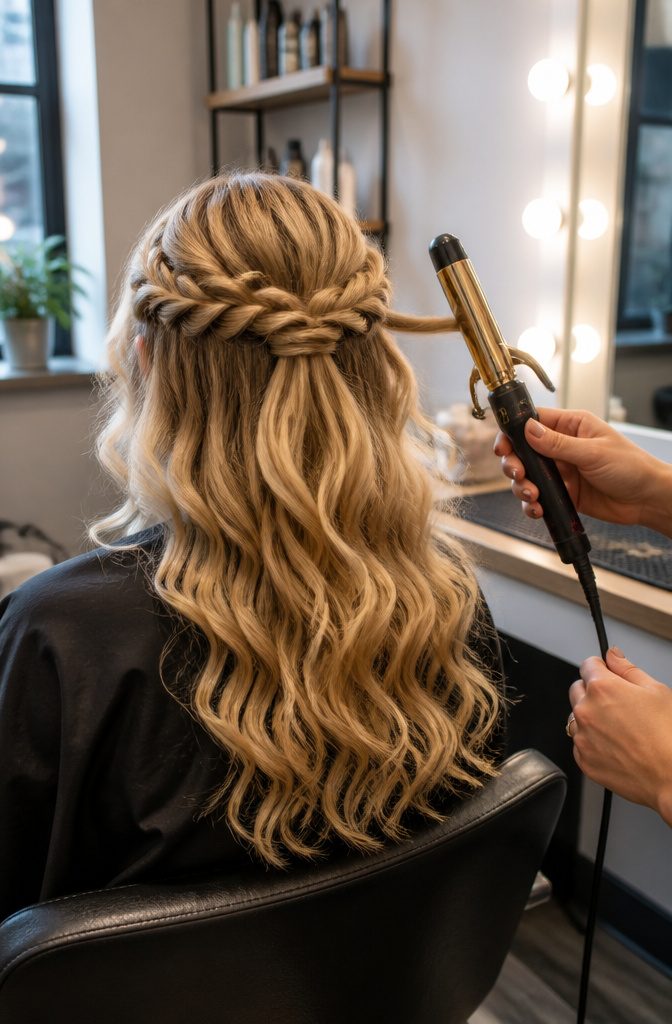 Curled loose hair beneath a braided half-up hairstyle