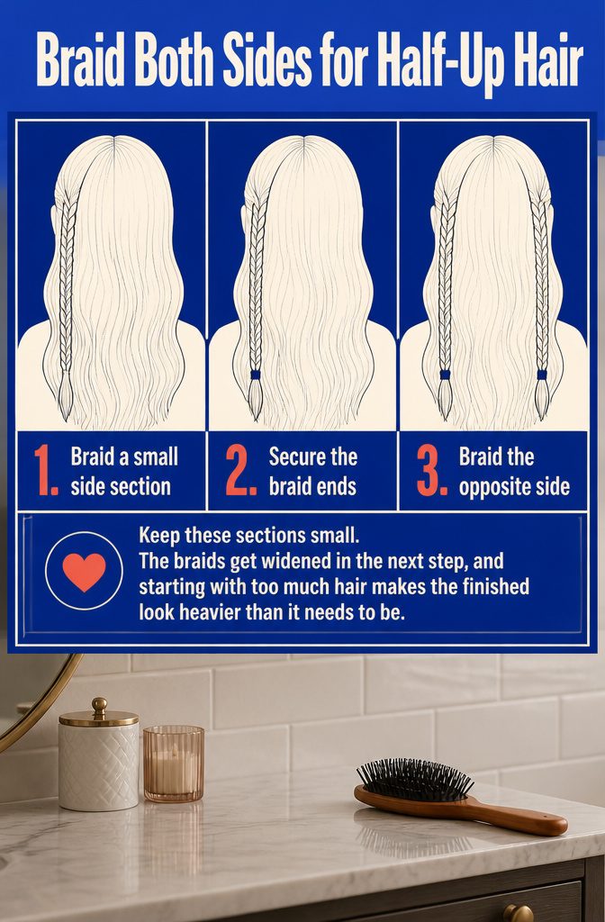 Two side braids with ponytail holders at their ends