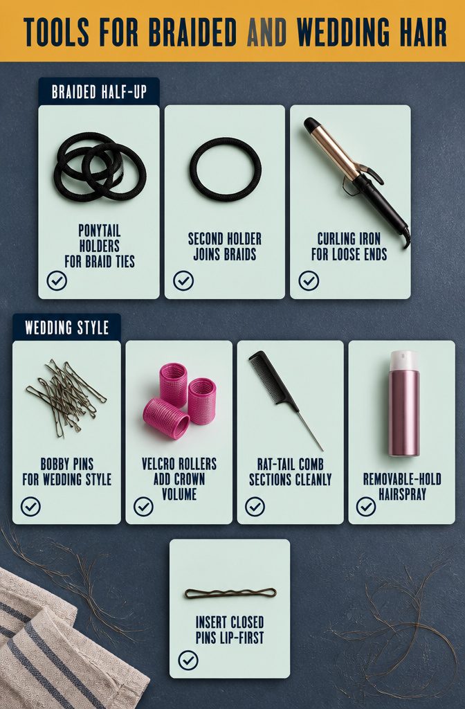Hair tools including ponytail holders bobby pins rollers and a rat-tail comb