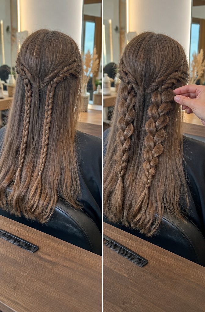 Widened braid with woven edges pulled outward