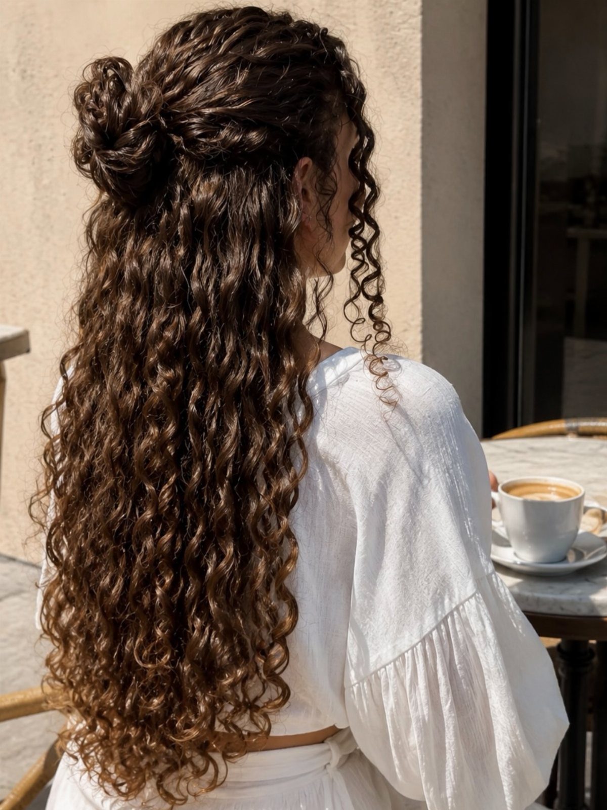 Long natural curls styled half up in a small twisted bun