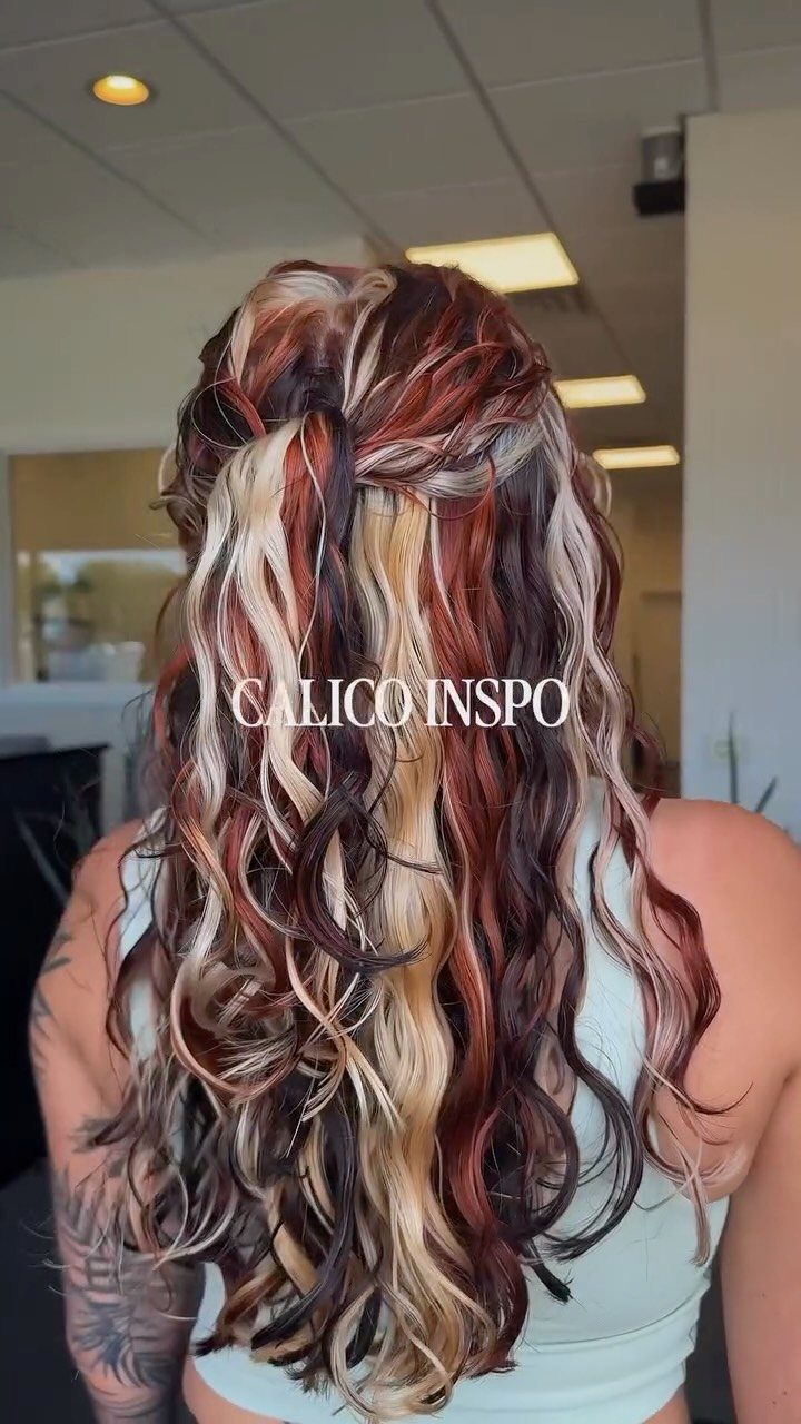 Chunky crown braid reveals blonde and reddish balayage in long wavy hair